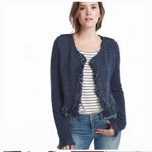 WHBM Blue Fringe Tweed Sweater Jacket